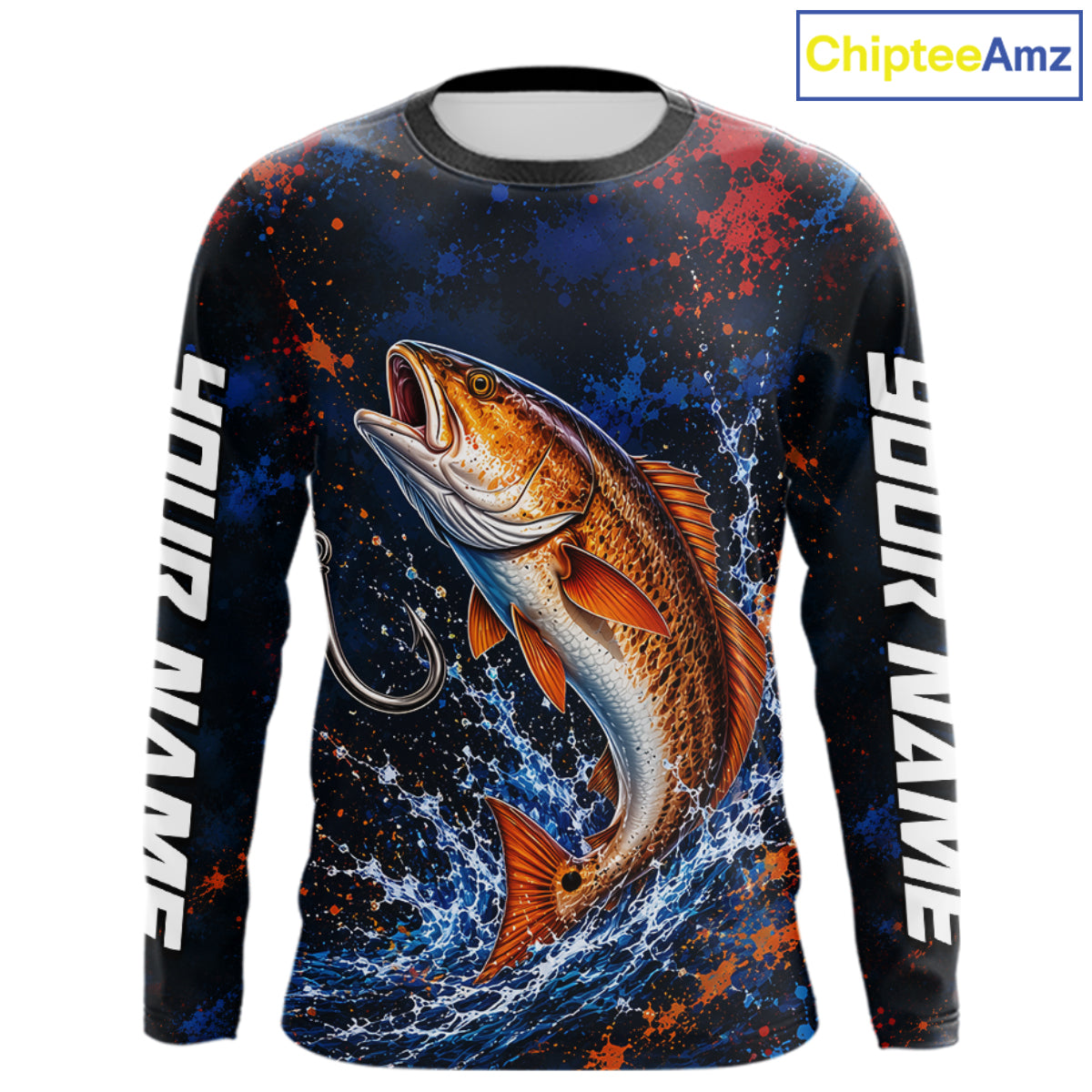 Personalized Redfish Splatter US Flag Fishing Jersey Custom Name Long Sleeve Fishing Shirt For Men NYN4364