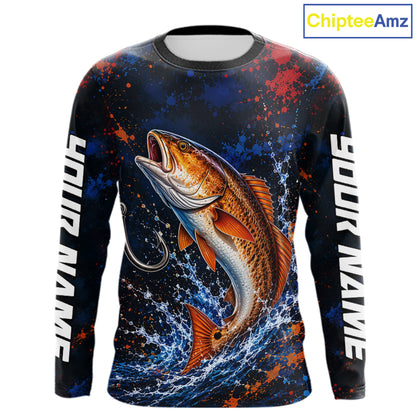 Personalized Redfish Splatter US Flag Fishing Jersey Custom Name Long Sleeve Fishing Shirt For Men NYN4364