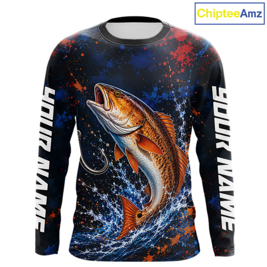 Personalized Redfish Splatter US Flag Fishing Jersey Custom Name Long Sleeve Fishing Shirt For Men NYN4364
