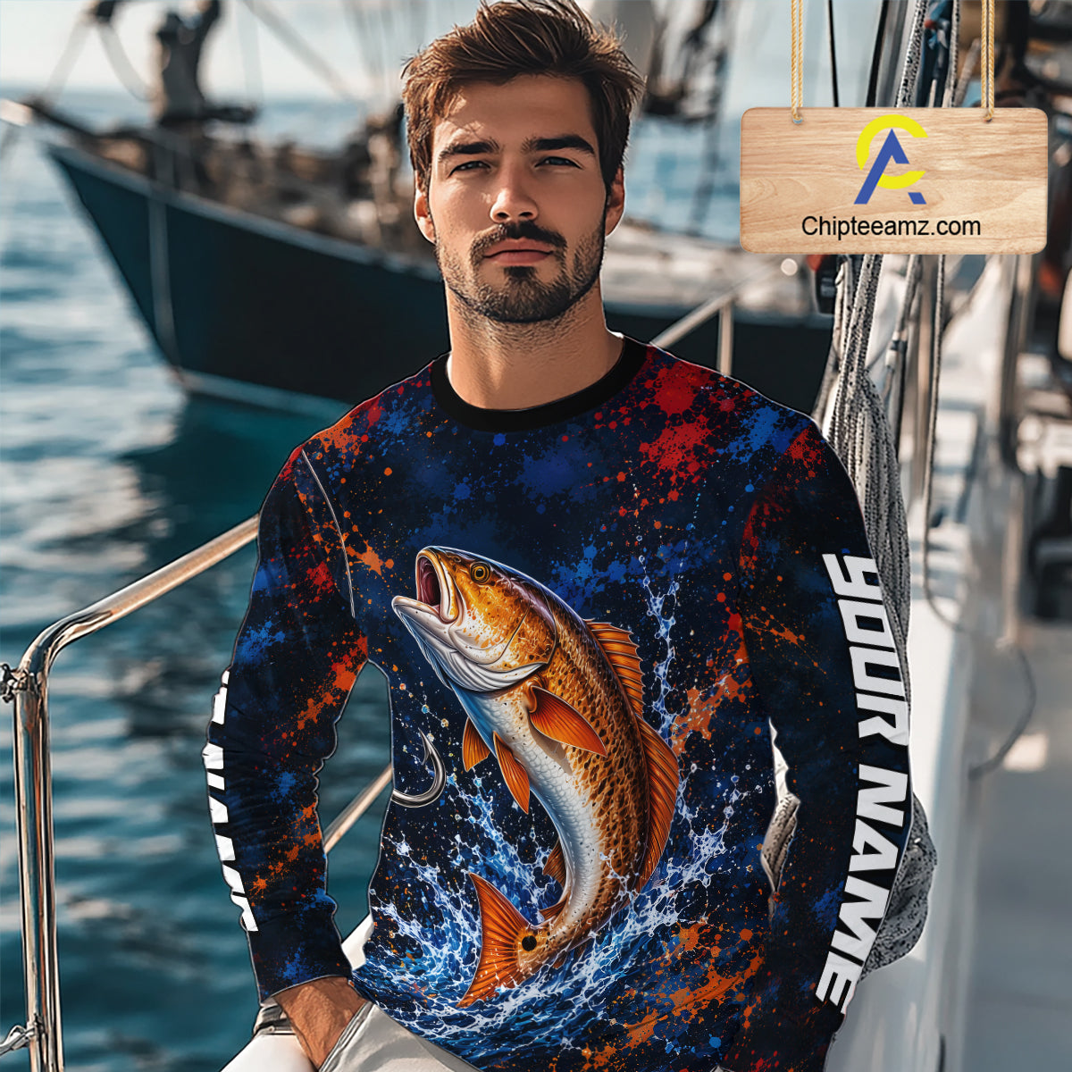 Personalized Redfish Splatter US Flag Fishing Jersey Custom Name Long Sleeve Fishing Shirt For Men NYN4364