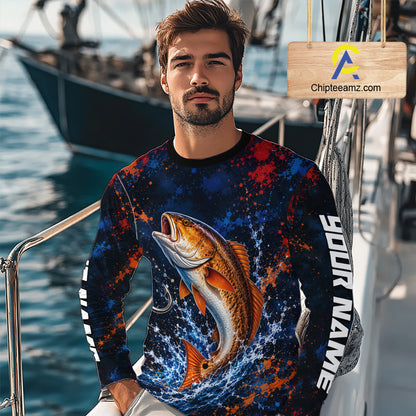 Personalized Redfish Splatter US Flag Fishing Jersey Custom Name Long Sleeve Fishing Shirt For Men NYN4364