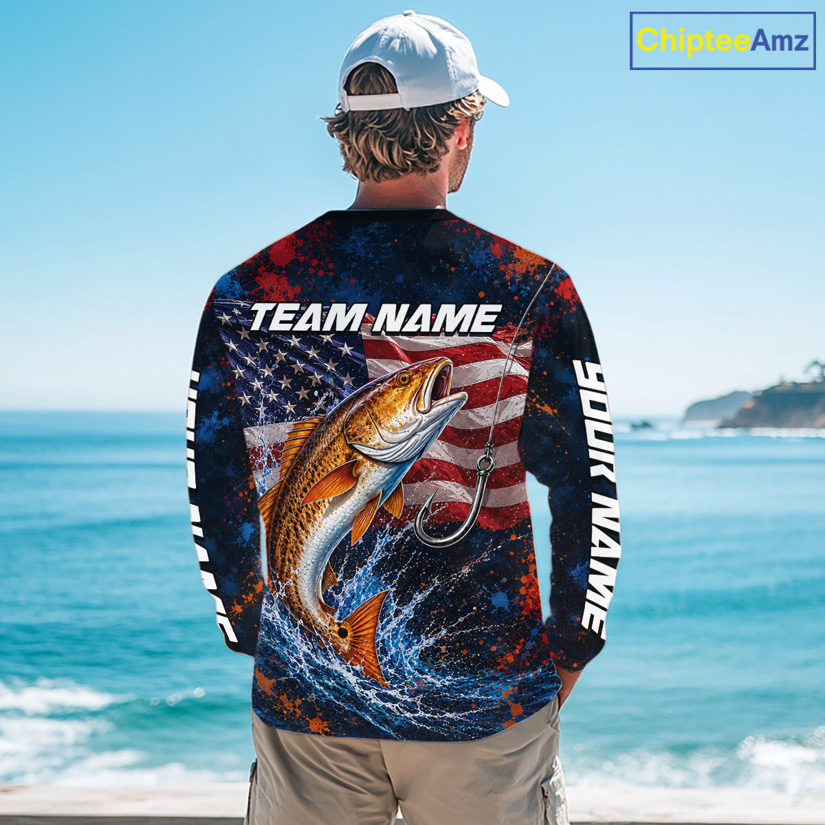 Personalized Redfish Splatter US Flag Fishing Jersey Custom Name Long Sleeve Fishing Shirt For Men NYN4364