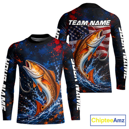 Personalized Redfish Splatter US Flag Fishing Jersey Custom Name Long Sleeve Fishing Shirt For Men NYN4364