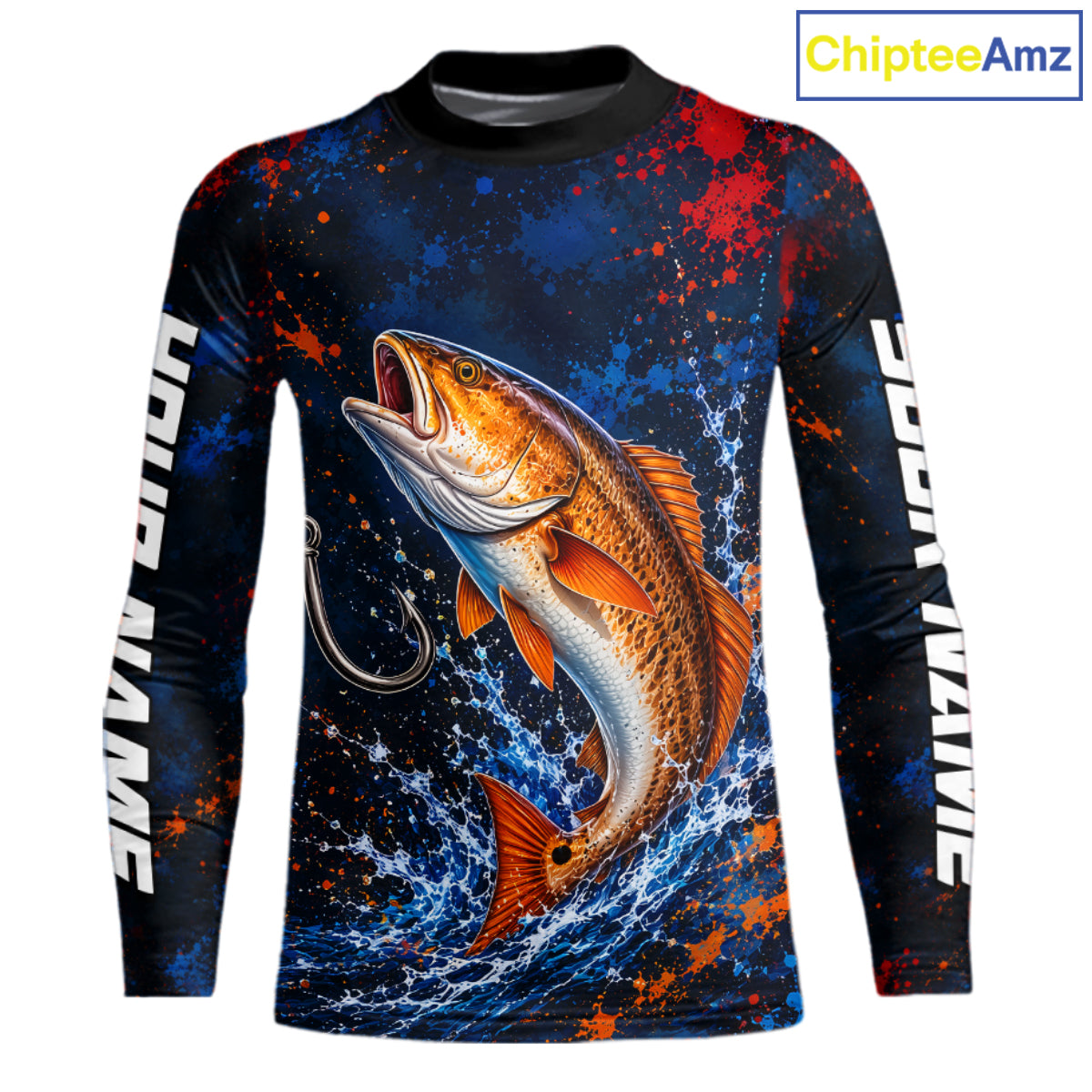 Personalized Redfish Splatter US Flag Fishing Jersey Custom Name Long Sleeve Fishing Shirt For Men NYN4364
