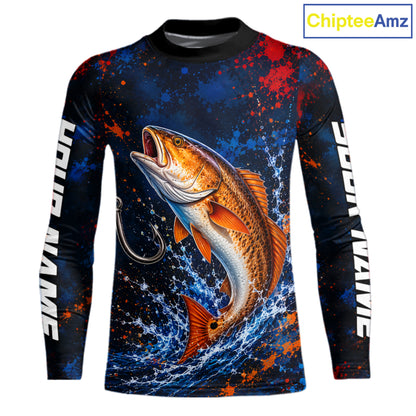 Personalized Redfish Splatter US Flag Fishing Jersey Custom Name Long Sleeve Fishing Shirt For Men NYN4364