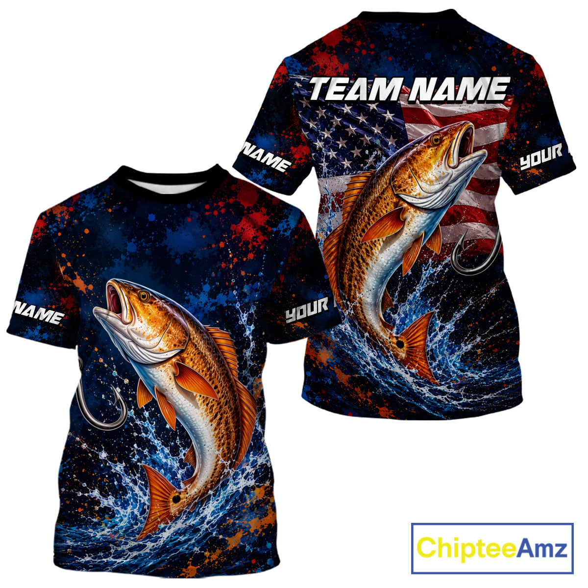 Personalized Redfish Splatter US Flag Fishing Jersey Custom Name Long Sleeve Fishing Shirt For Men NYN4364