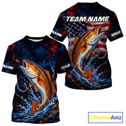 Personalized Redfish Splatter US Flag Fishing Jersey Custom Name Long Sleeve Fishing Shirt For Men NYN4364