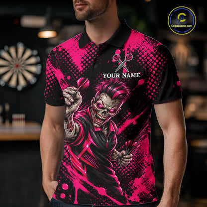 Custom Neon Pink Zombie Darts Polo 1/4-Zip Shirt For Men Splatter Darts Tournament Apparel Jersey NYN5100
