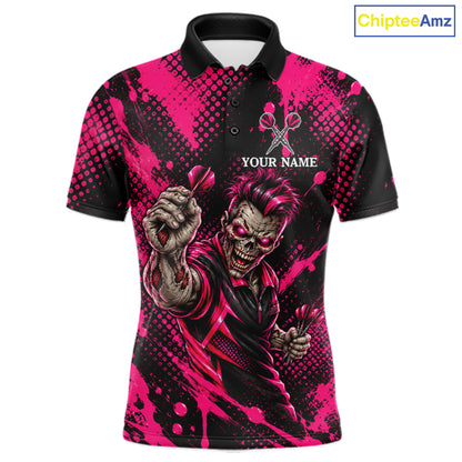 Custom Neon Pink Zombie Darts Polo 1/4-Zip Shirt For Men Splatter Darts Tournament Apparel Jersey NYN5100