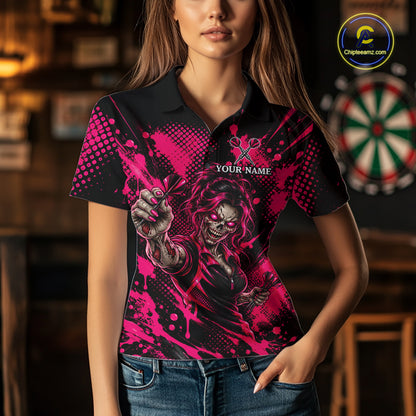 Custom Neon Pink Zombie Darts Polo 1/4-Zip Shirt For Women Splatter Darts Tournament Apparel Jersey NYN5100