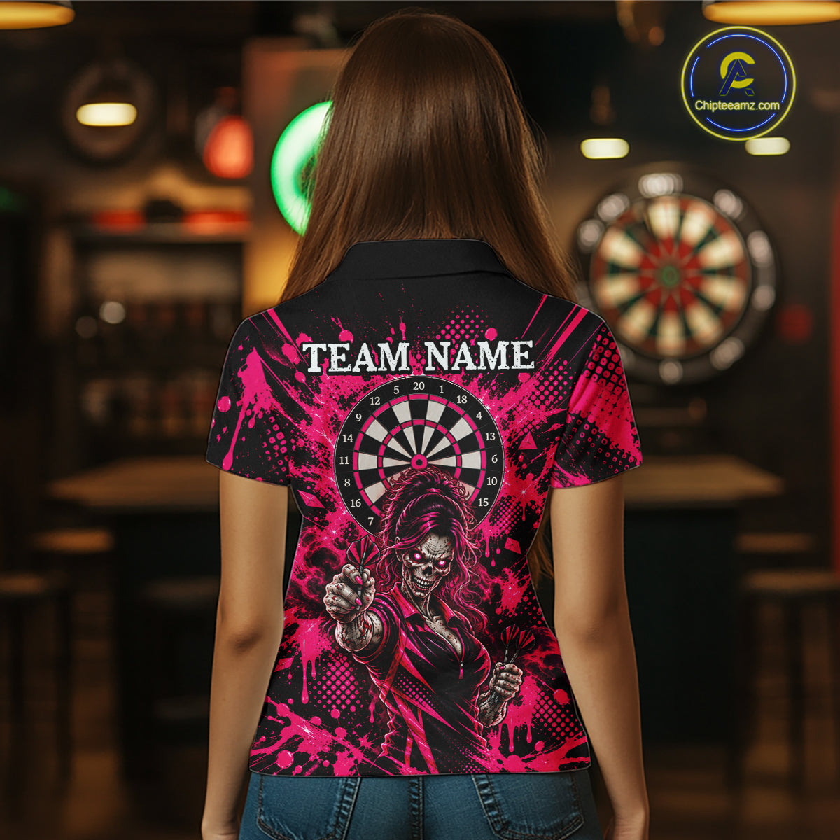 Custom Neon Pink Zombie Darts Polo 1/4-Zip Shirt For Women Splatter Darts Tournament Apparel Jersey NYN5100