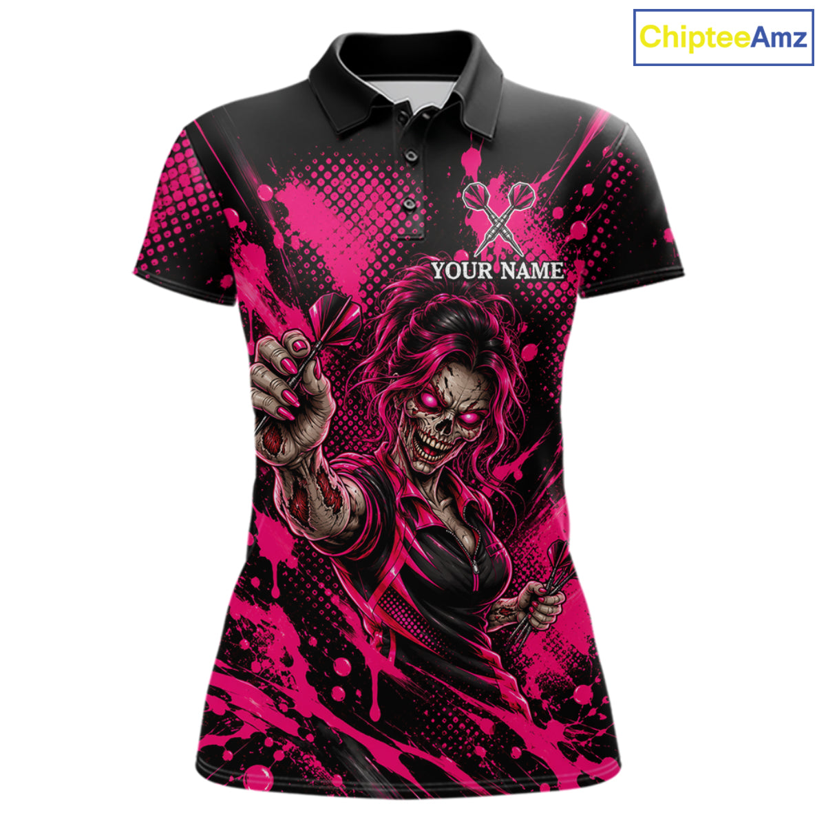 Custom Neon Pink Zombie Darts Polo 1/4-Zip Shirt For Women Splatter Darts Tournament Apparel Jersey NYN5100