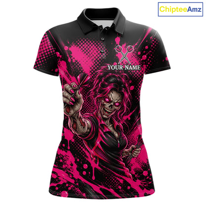 Custom Neon Pink Zombie Darts Polo 1/4-Zip Shirt For Women Splatter Darts Tournament Apparel Jersey NYN5100