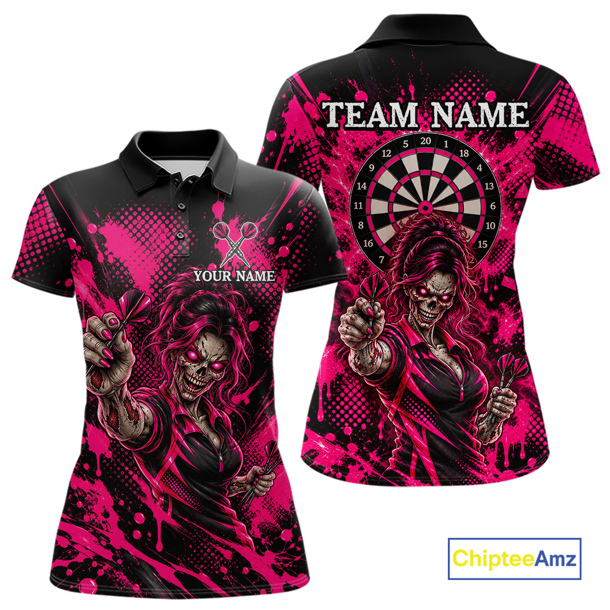 Custom Neon Pink Zombie Darts Polo 1/4-Zip Shirt For Women Splatter Darts Tournament Apparel Jersey NYN5100