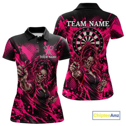 Custom Neon Pink Zombie Darts Polo 1/4-Zip Shirt For Women Splatter Darts Tournament Apparel Jersey NYN5100