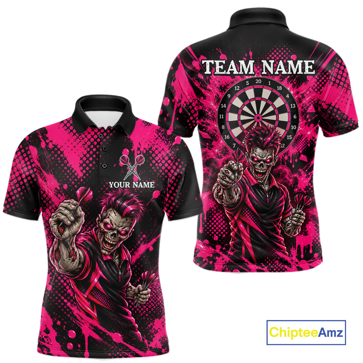 Custom Neon Pink Zombie Darts Polo 1/4-Zip Shirt For Men Splatter Darts Tournament Apparel Jersey NYN5100