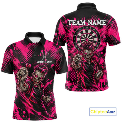 Custom Neon Pink Zombie Darts Polo 1/4-Zip Shirt For Men Splatter Darts Tournament Apparel Jersey NYN5100