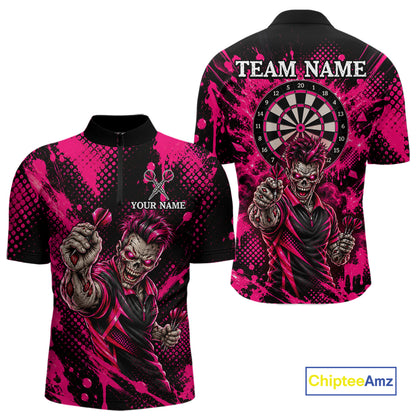 Custom Neon Pink Zombie Darts Polo 1/4-Zip Shirt For Men Splatter Darts Tournament Apparel Jersey NYN5100