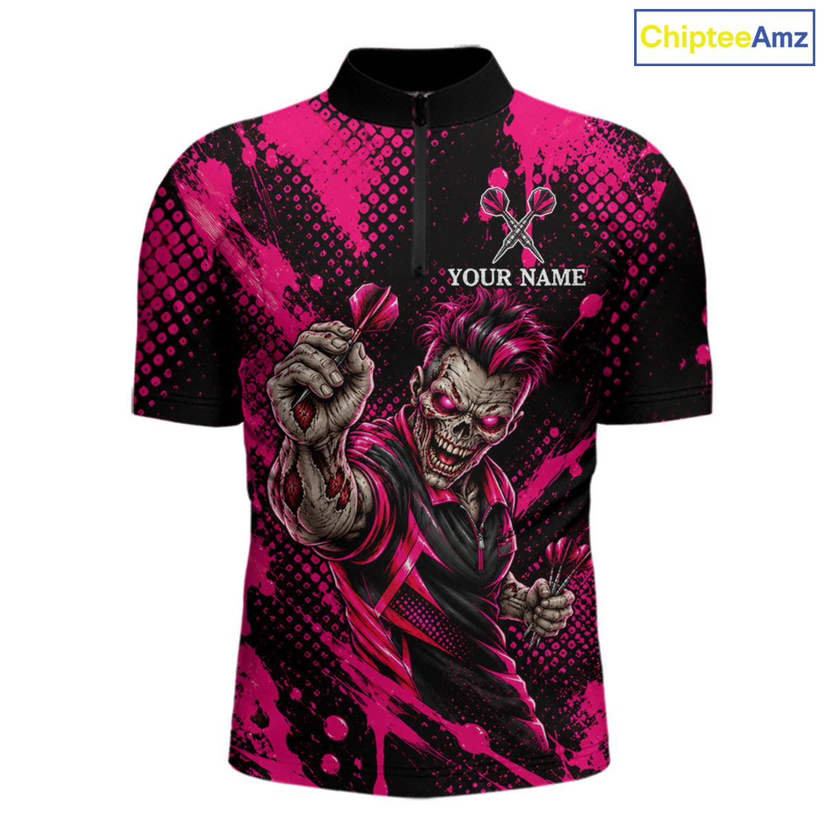 Custom Neon Pink Zombie Darts Polo 1/4-Zip Shirt For Men Splatter Darts Tournament Apparel Jersey NYN5100