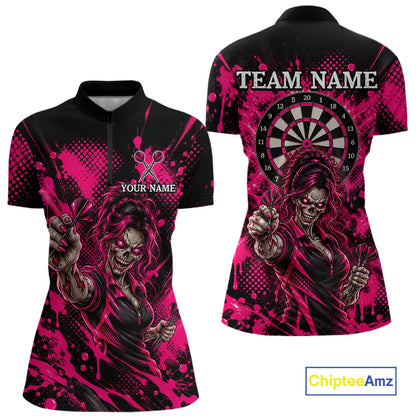 Custom Neon Pink Zombie Darts Polo 1/4-Zip Shirt For Women Splatter Darts Tournament Apparel Jersey NYN5100