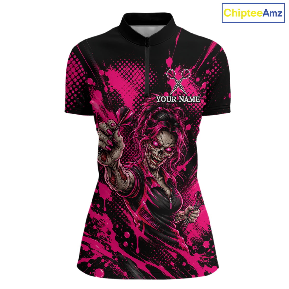 Custom Neon Pink Zombie Darts Polo 1/4-Zip Shirt For Women Splatter Darts Tournament Apparel Jersey NYN5100