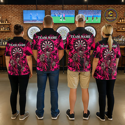 Custom Neon Pink Zombie Darts Polo 1/4-Zip Shirt For Women Splatter Darts Tournament Apparel Jersey NYN5100