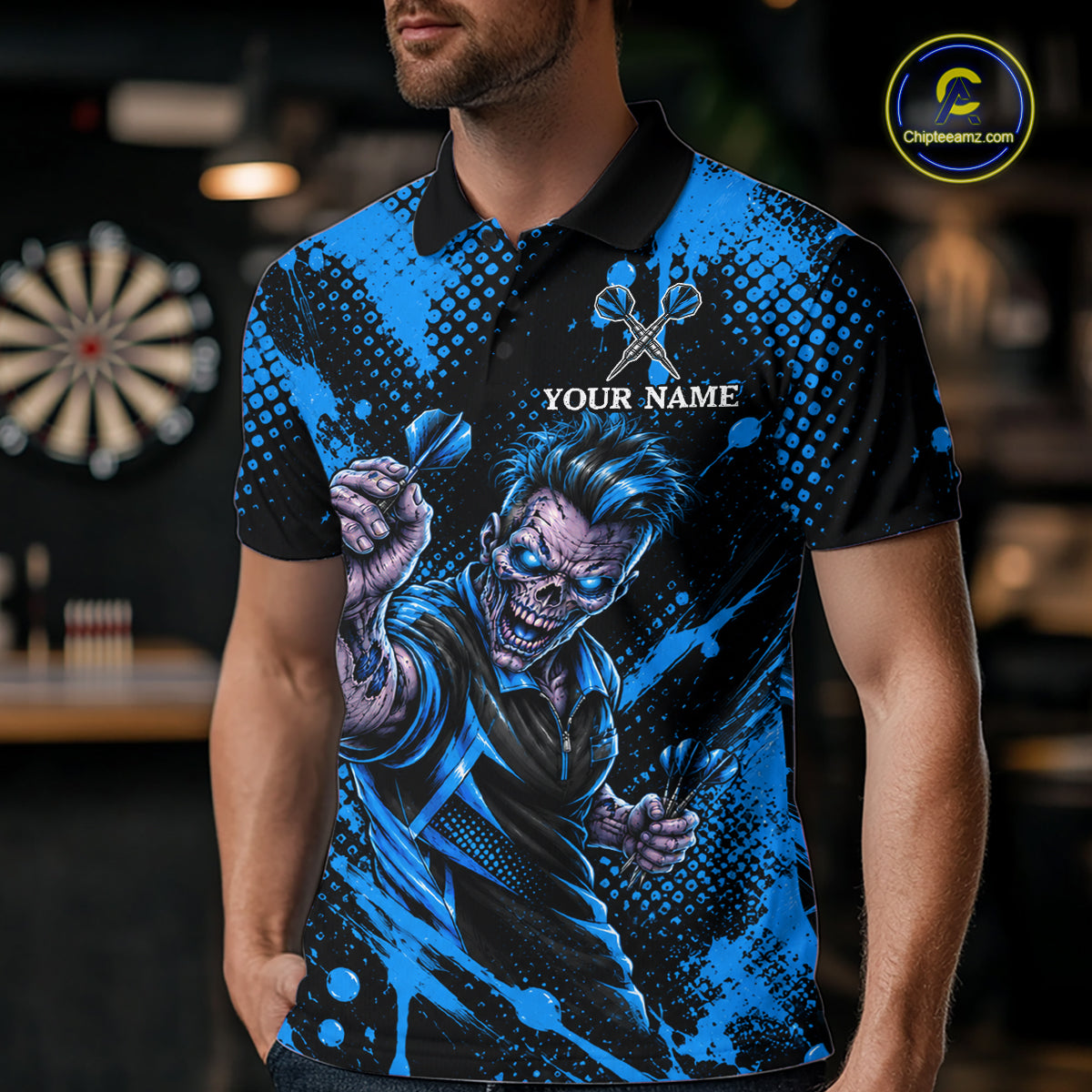 Custom Neon Blue Zombie Darts Polo 1/4-Zip Shirt For Men Splatter Darts Tournament Apparel Jersey NYN5101