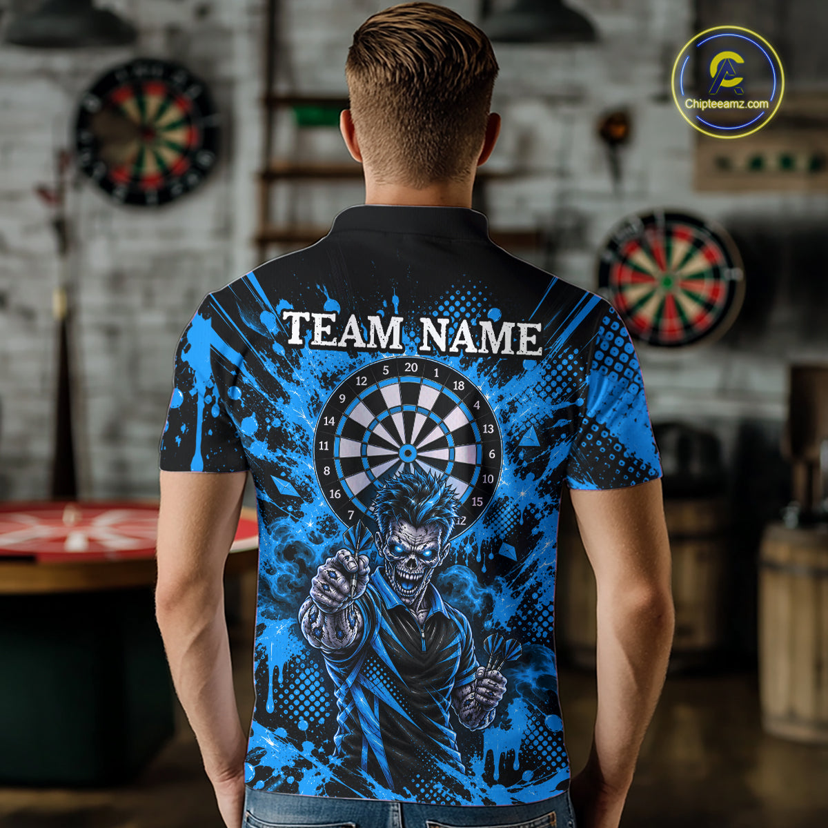 Custom Neon Blue Zombie Darts Polo 1/4-Zip Shirt For Men Splatter Darts Tournament Apparel Jersey NYN5101