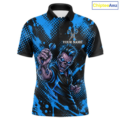Custom Neon Blue Zombie Darts Polo 1/4-Zip Shirt For Men Splatter Darts Tournament Apparel Jersey NYN5101