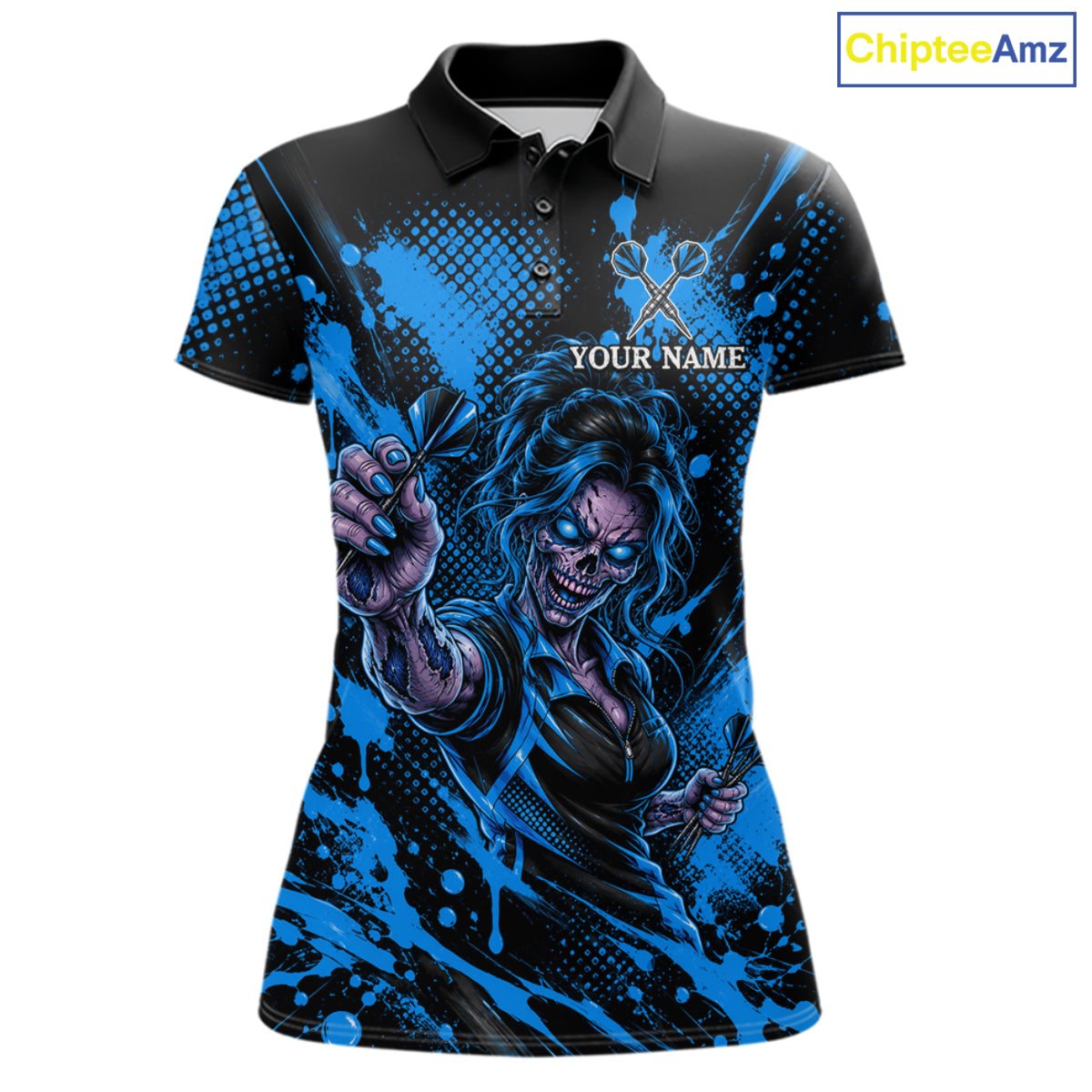 Custom Neon Blue Zombie Darts Polo 1/4-Zip Shirt For Women Splatter Darts Tournament Apparel Jersey NYN5101