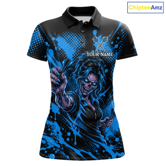 Custom Neon Blue Zombie Darts Polo 1/4-Zip Shirt For Women Splatter Darts Tournament Apparel Jersey NYN5101