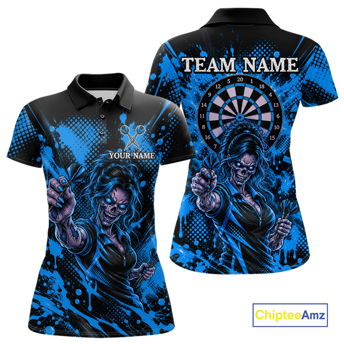 Custom Neon Blue Zombie Darts Polo 1/4-Zip Shirt For Women Splatter Darts Tournament Apparel Jersey NYN5101