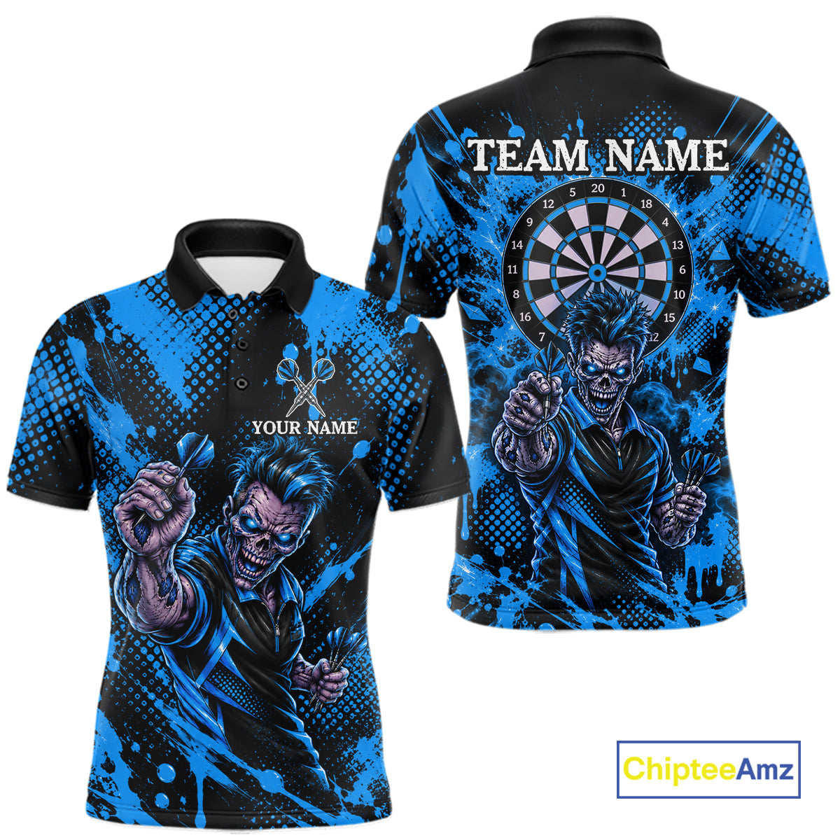 Custom Neon Blue Zombie Darts Polo 1/4-Zip Shirt For Men Splatter Darts Tournament Apparel Jersey NYN5101