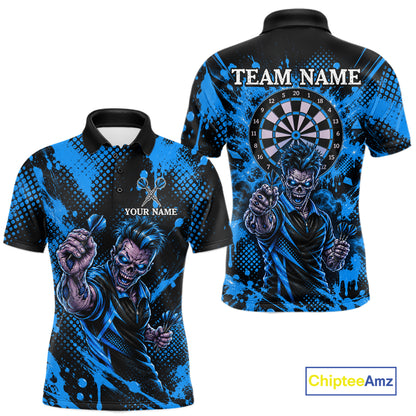 Custom Neon Blue Zombie Darts Polo 1/4-Zip Shirt For Men Splatter Darts Tournament Apparel Jersey NYN5101