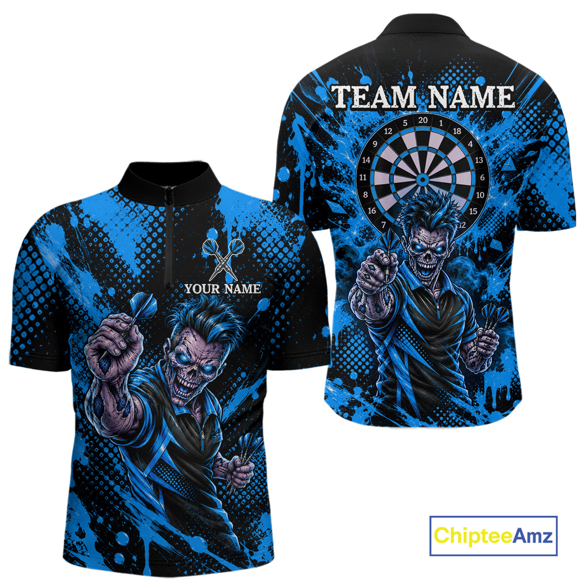 Custom Neon Blue Zombie Darts Polo 1/4-Zip Shirt For Men Splatter Darts Tournament Apparel Jersey NYN5101