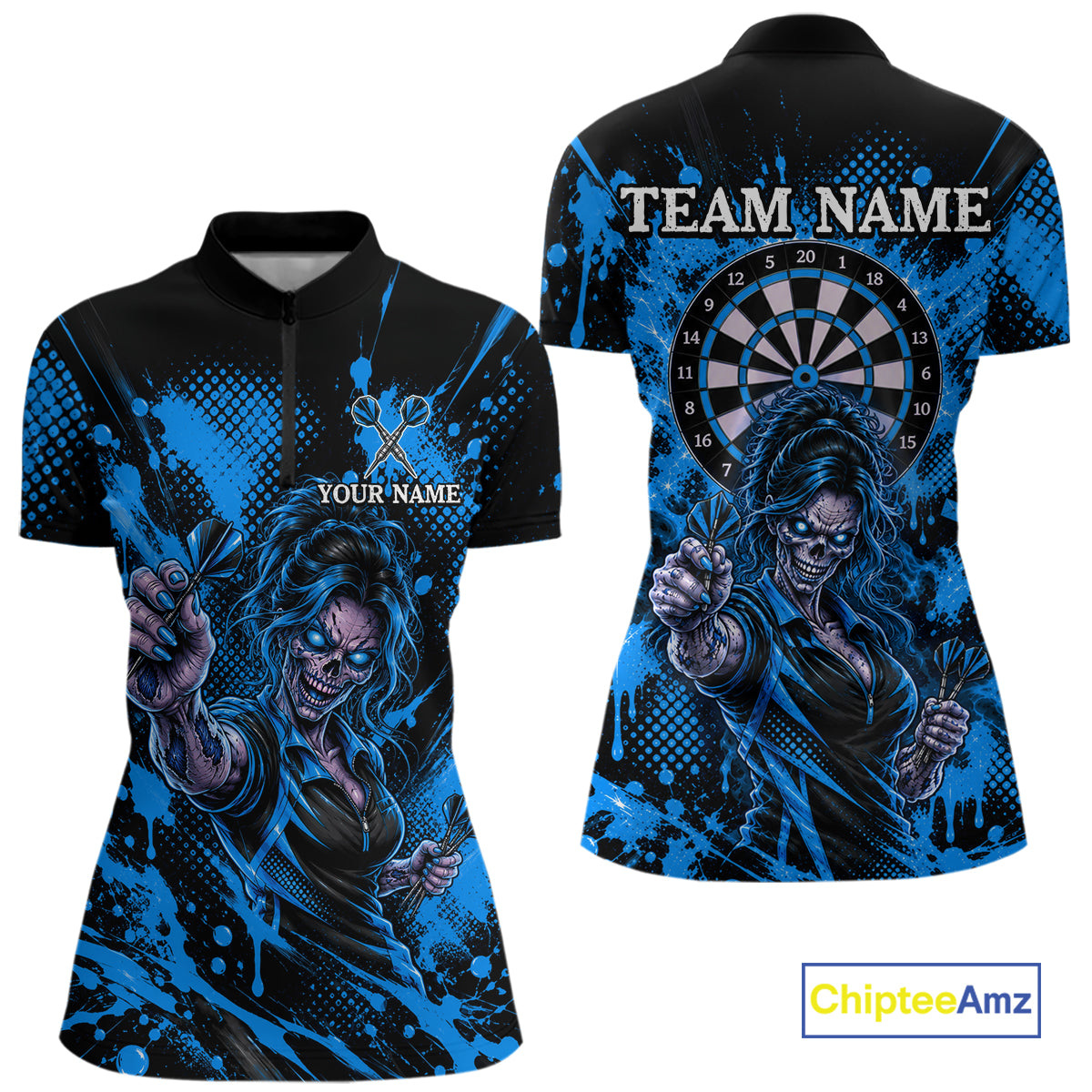 Custom Neon Blue Zombie Darts Polo 1/4-Zip Shirt For Women Splatter Darts Tournament Apparel Jersey NYN5101