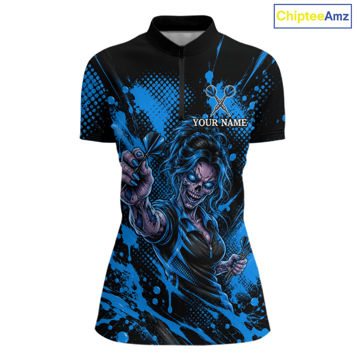 Custom Neon Blue Zombie Darts Polo 1/4-Zip Shirt For Women Splatter Darts Tournament Apparel Jersey NYN5101