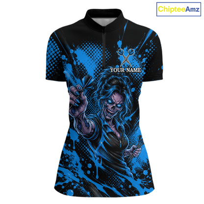Custom Neon Blue Zombie Darts Polo 1/4-Zip Shirt For Women Splatter Darts Tournament Apparel Jersey NYN5101
