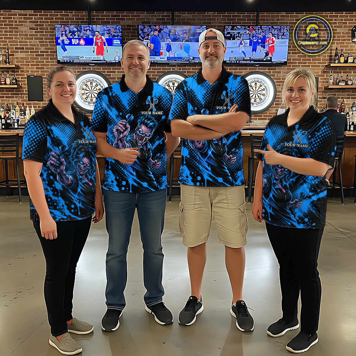 Custom Neon Blue Zombie Darts Polo 1/4-Zip Shirt For Women Splatter Darts Tournament Apparel Jersey NYN5101