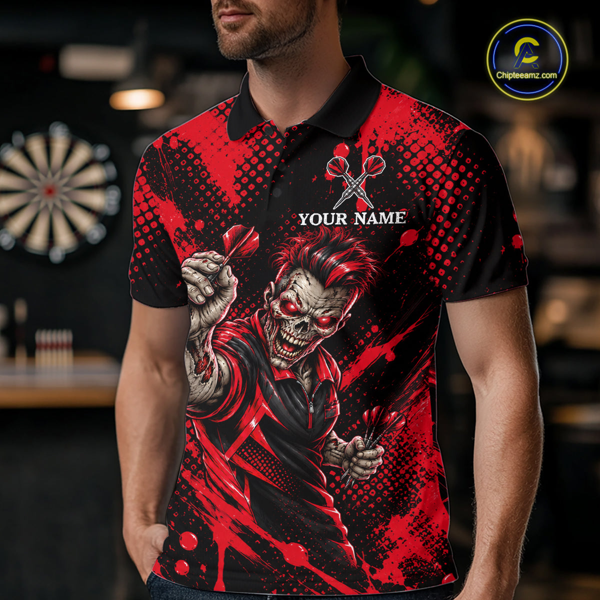 Custom Neon Red Zombie Darts Polo 1/4-Zip Shirt For Men Splatter Darts Tournament Apparel Jersey NYN5102