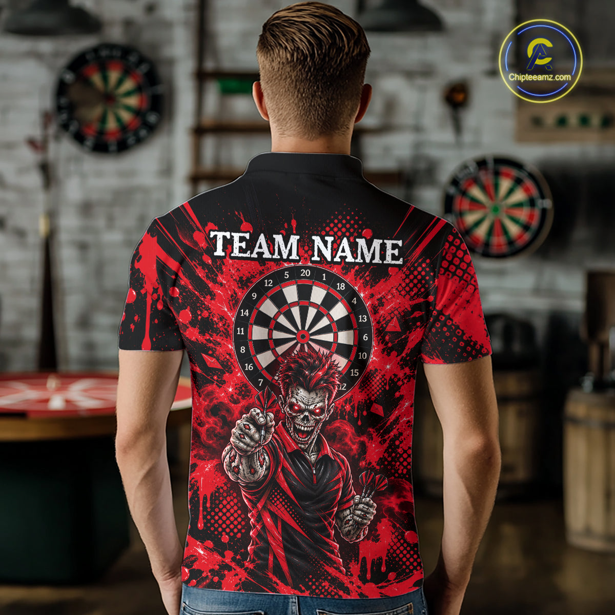 Custom Neon Red Zombie Darts Polo 1/4-Zip Shirt For Men Splatter Darts Tournament Apparel Jersey NYN5102