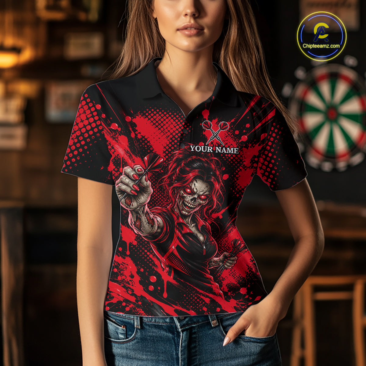 Custom Neon Red Zombie Darts Polo 1/4-Zip Shirt For Women Splatter Darts Tournament Apparel Jersey NYN5102