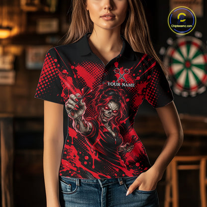 Custom Neon Red Zombie Darts Polo 1/4-Zip Shirt For Women Splatter Darts Tournament Apparel Jersey NYN5102
