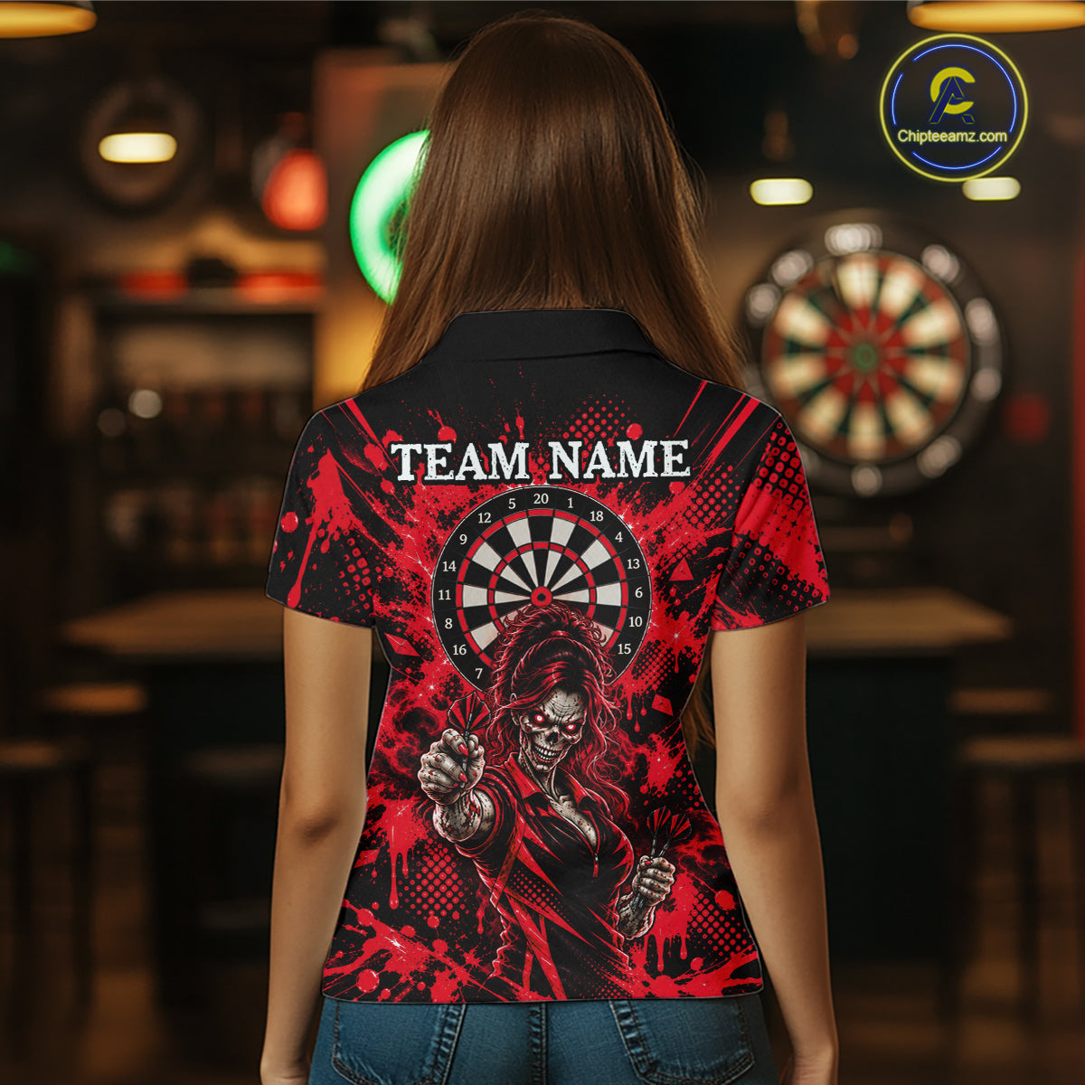 Custom Neon Red Zombie Darts Polo 1/4-Zip Shirt For Women Splatter Darts Tournament Apparel Jersey NYN5102