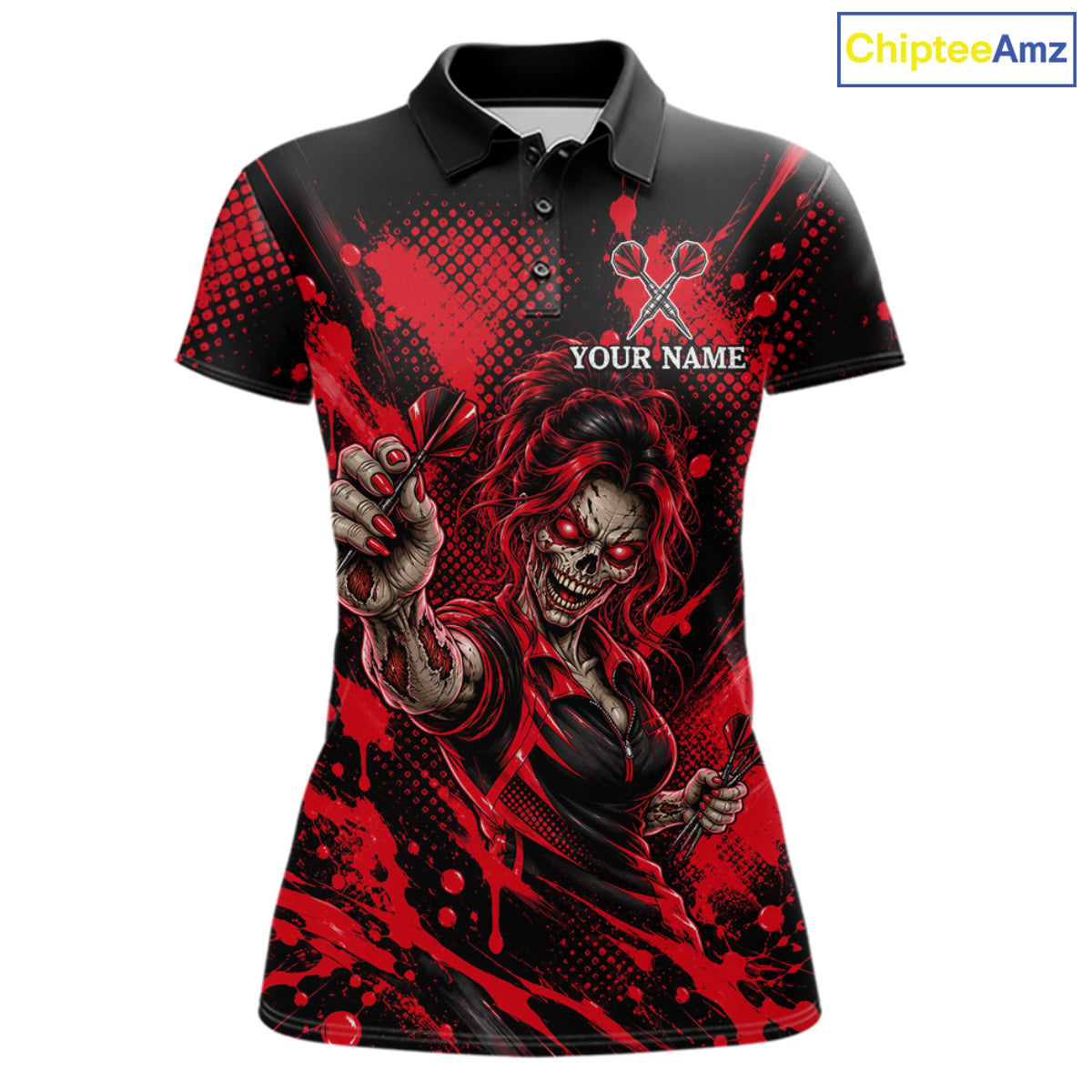Custom Neon Red Zombie Darts Polo 1/4-Zip Shirt For Women Splatter Darts Tournament Apparel Jersey NYN5102
