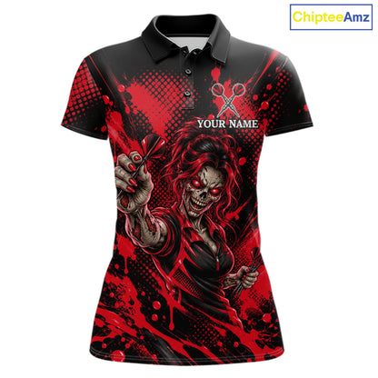 Custom Neon Red Zombie Darts Polo 1/4-Zip Shirt For Women Splatter Darts Tournament Apparel Jersey NYN5102