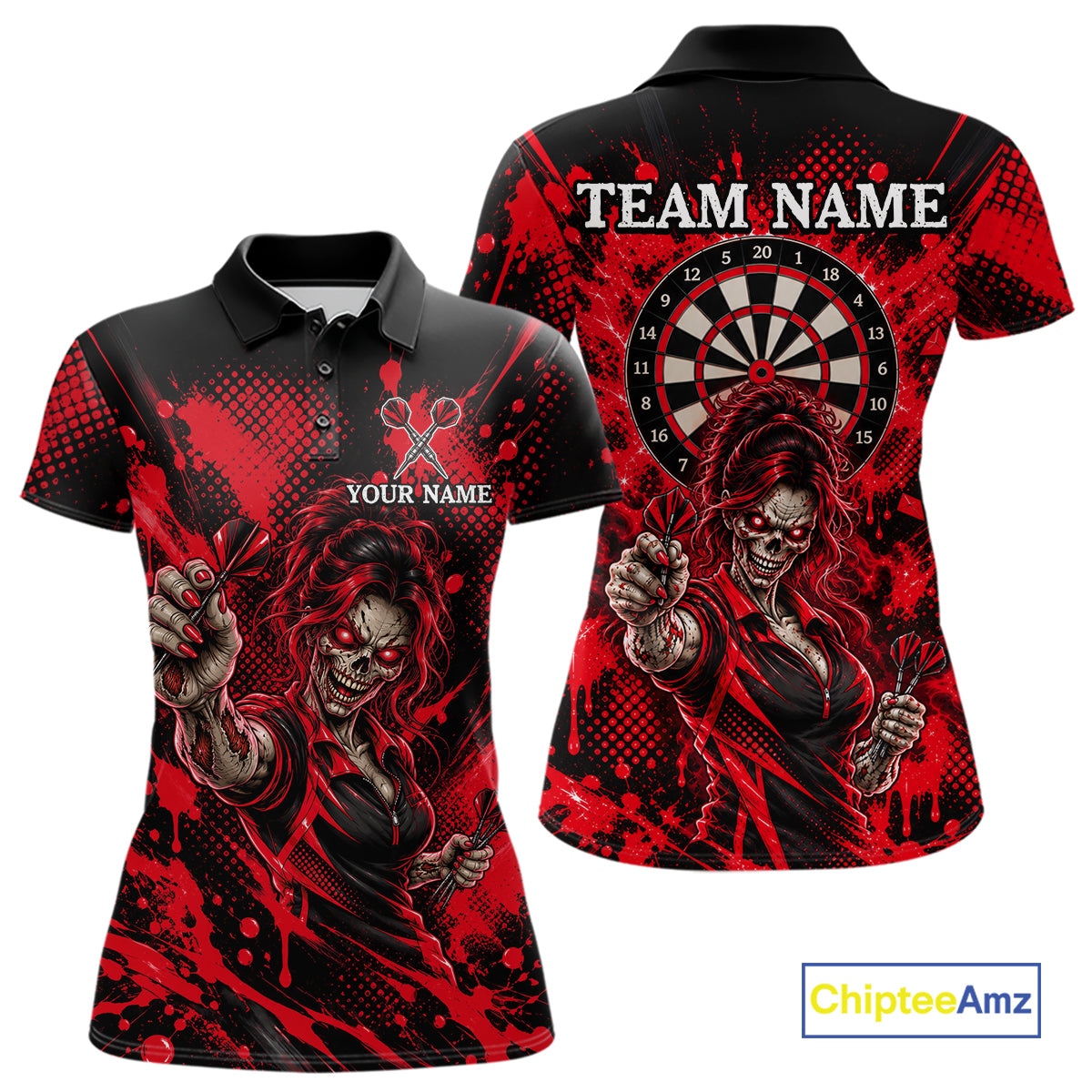 Custom Neon Red Zombie Darts Polo 1/4-Zip Shirt For Women Splatter Darts Tournament Apparel Jersey NYN5102