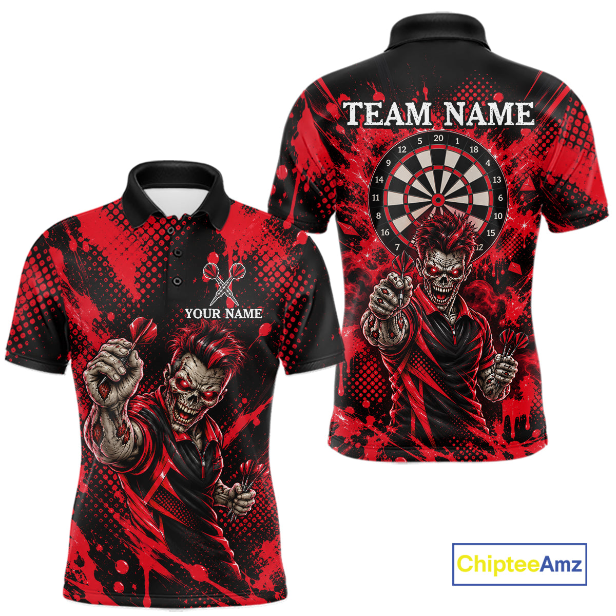 Custom Neon Red Zombie Darts Polo 1/4-Zip Shirt For Men Splatter Darts Tournament Apparel Jersey NYN5102