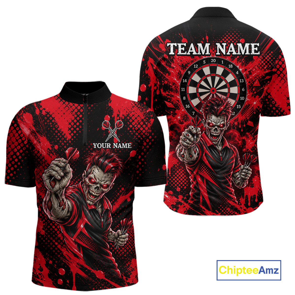 Custom Neon Red Zombie Darts Polo 1/4-Zip Shirt For Men Splatter Darts Tournament Apparel Jersey NYN5102
