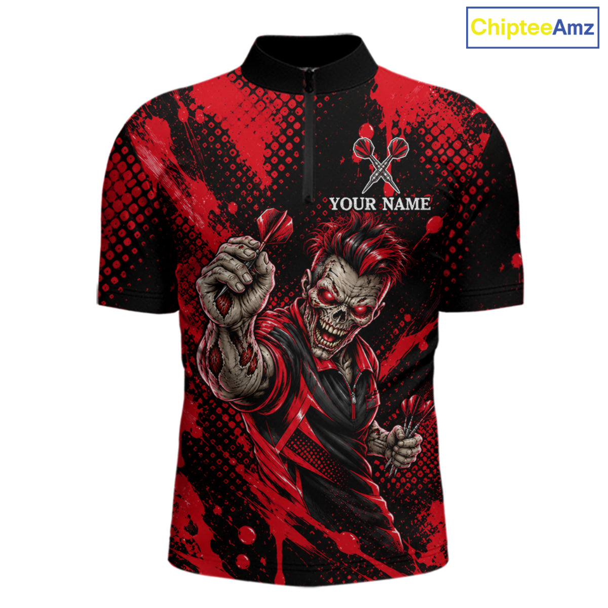 Custom Neon Red Zombie Darts Polo 1/4-Zip Shirt For Men Splatter Darts Tournament Apparel Jersey NYN5102